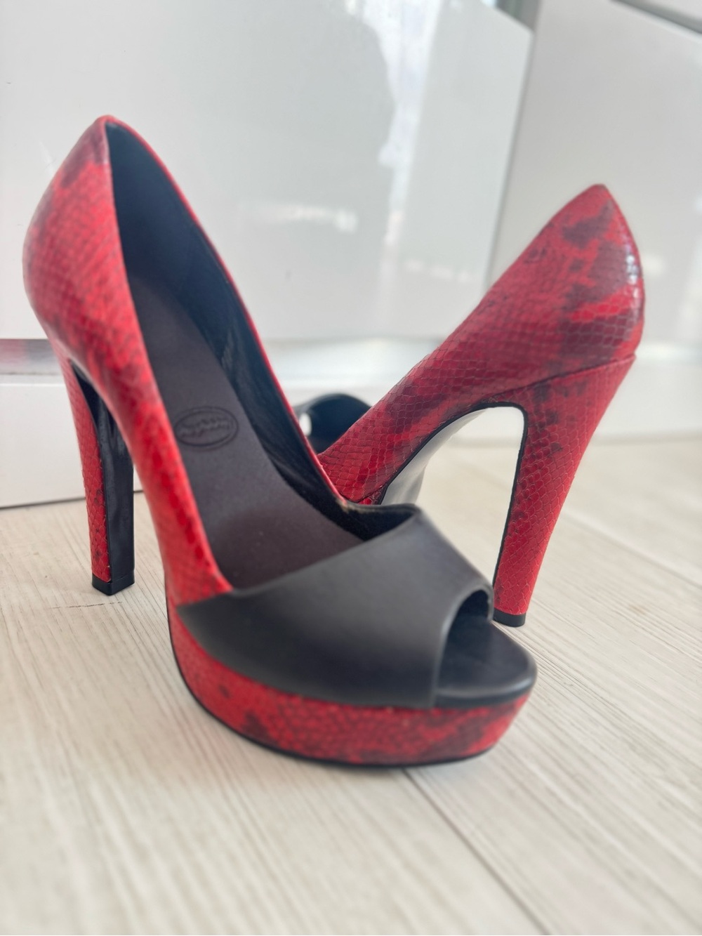 Red & Black Peep-Toe High Heels by leather size 6
